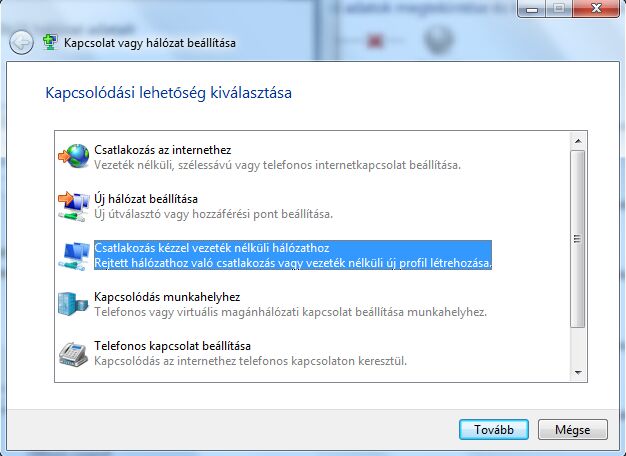 K�zi csatlakoz�s kiv�laszt�sa
