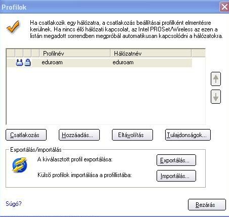 Eduroam h�l�zat kijel�l�se �s
kapcsol�d�s, vagy a be�ll�t�sok m�dos�t�sa